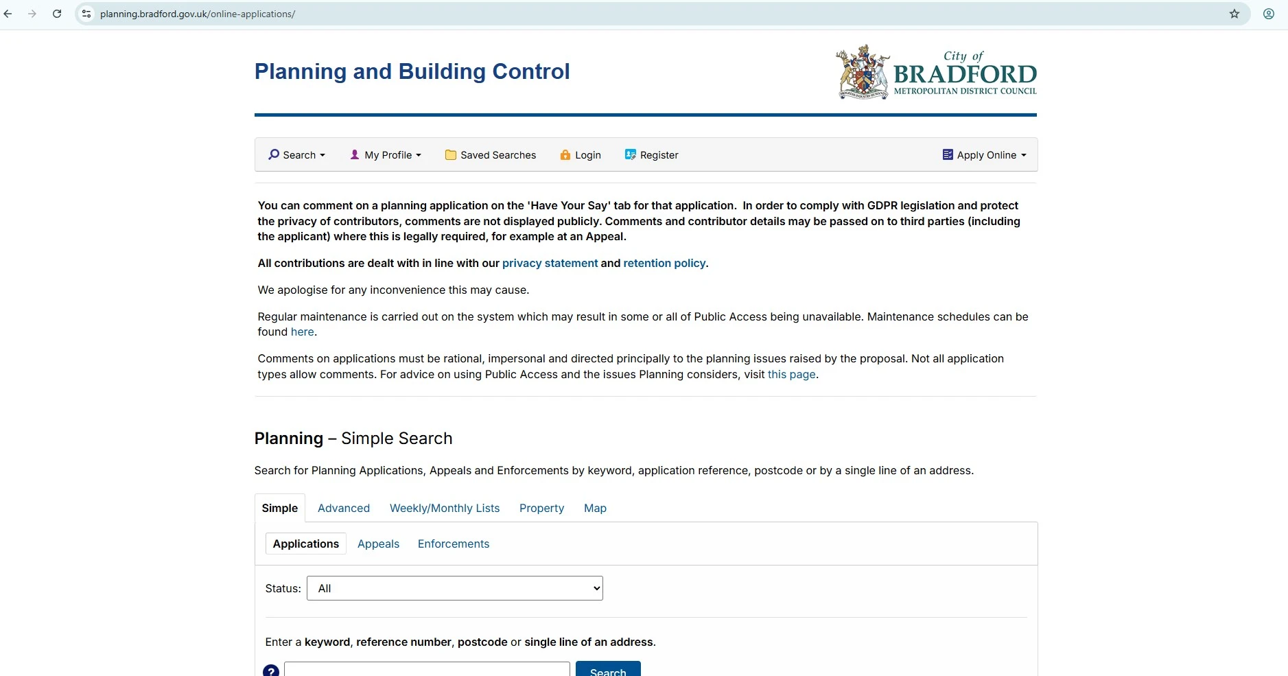 Bradford Planning Portal Simple Search page for searching planning applications, appeals and enforcements