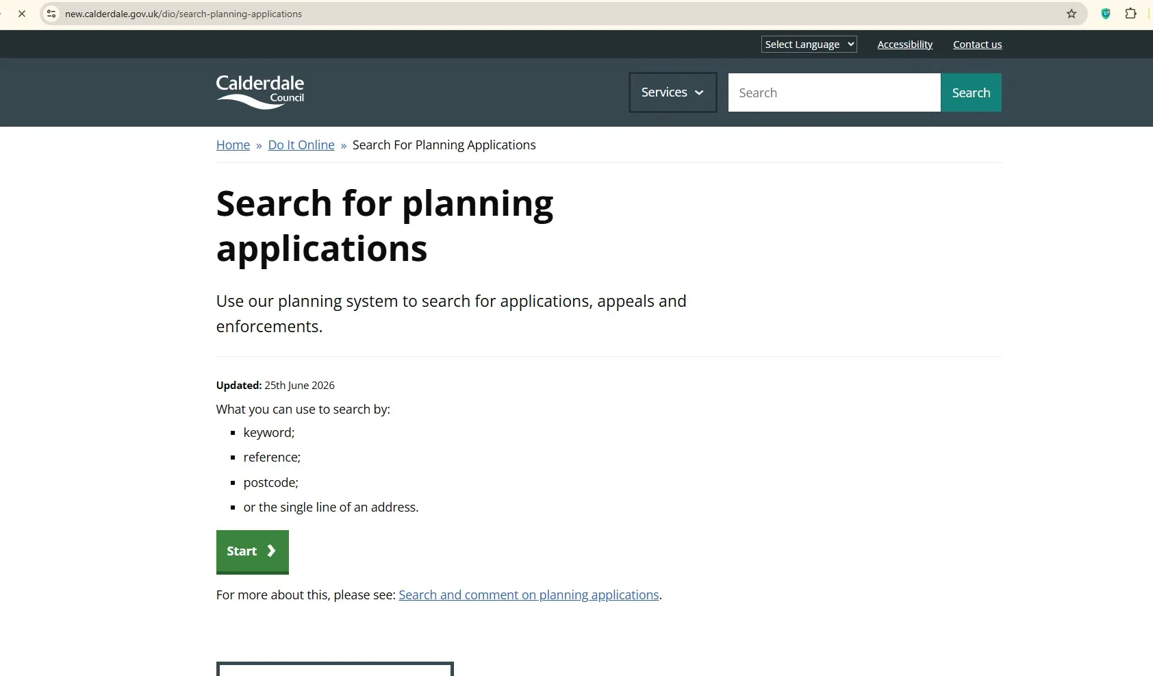 Calderdale Planning Portal search planning applications online page