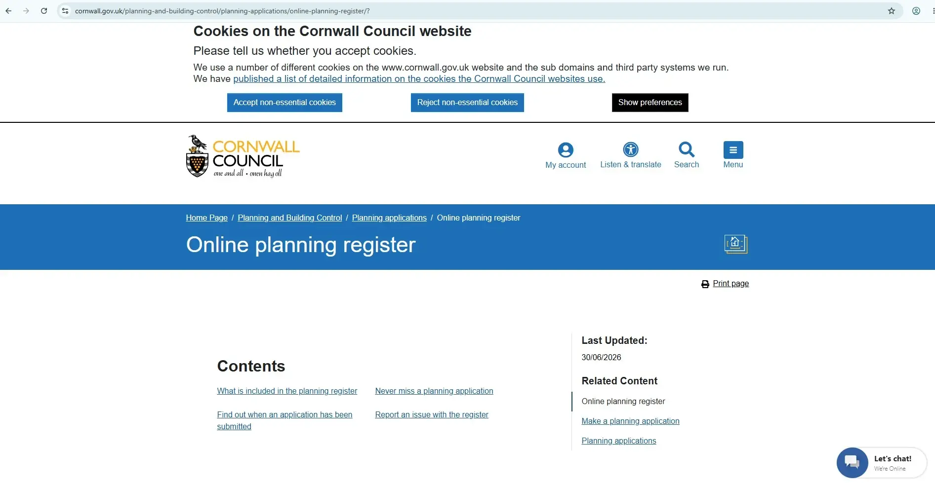 Cornwall Council Make a Planning Application page showing the official route before using Planning Portal