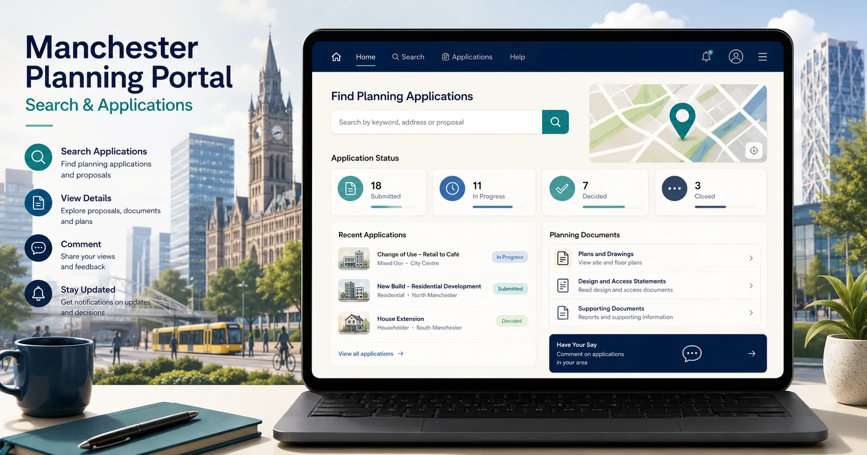Manchester Planning Portal search page for planning applications, documents, comments and decisions