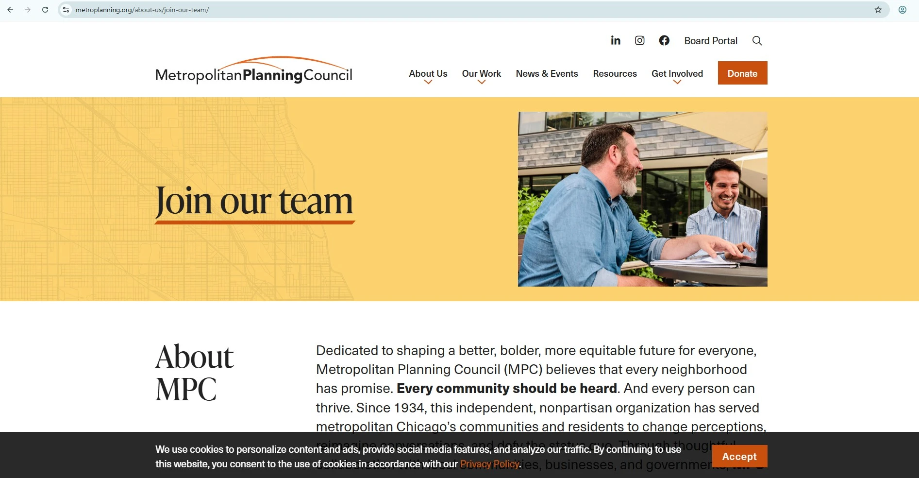 Metropolitan Planning Council Join Our Team page showing the official careers page