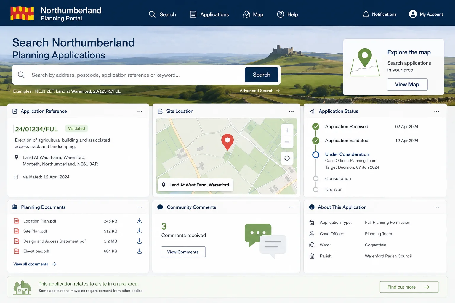 Northumberland Planning Portal search page for planning applications, documents, comments and decisions