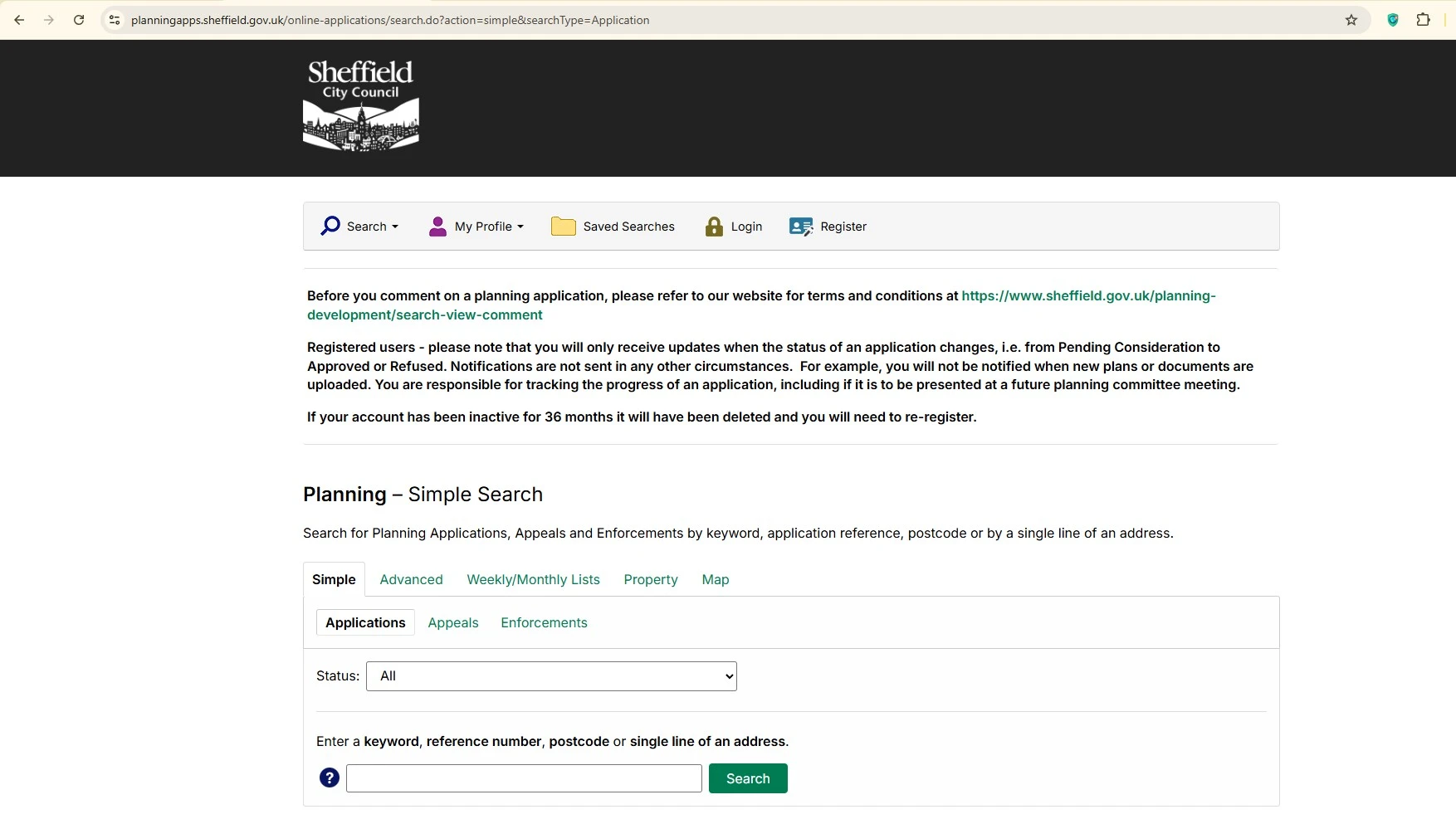 Sheffield Planning Portal Public Access Search page for viewing planning applications online