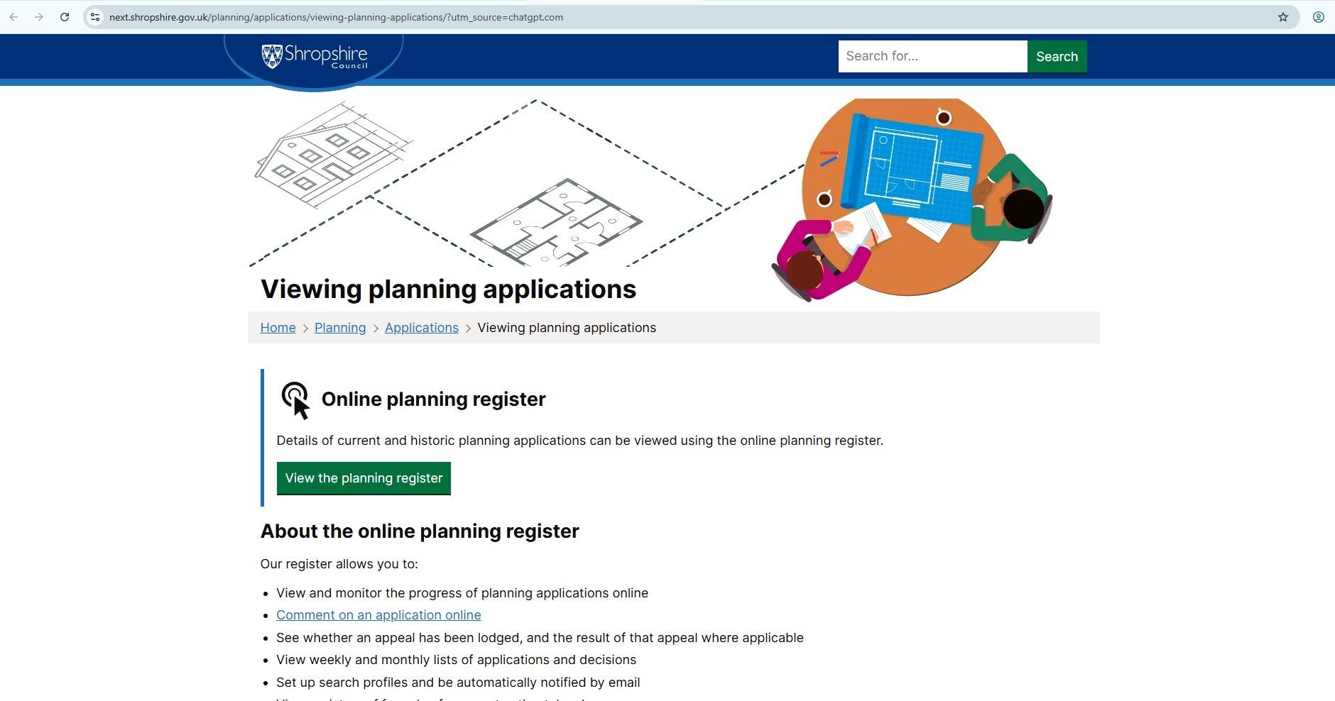 Shropshire Planning Portal Public Access search applications online page