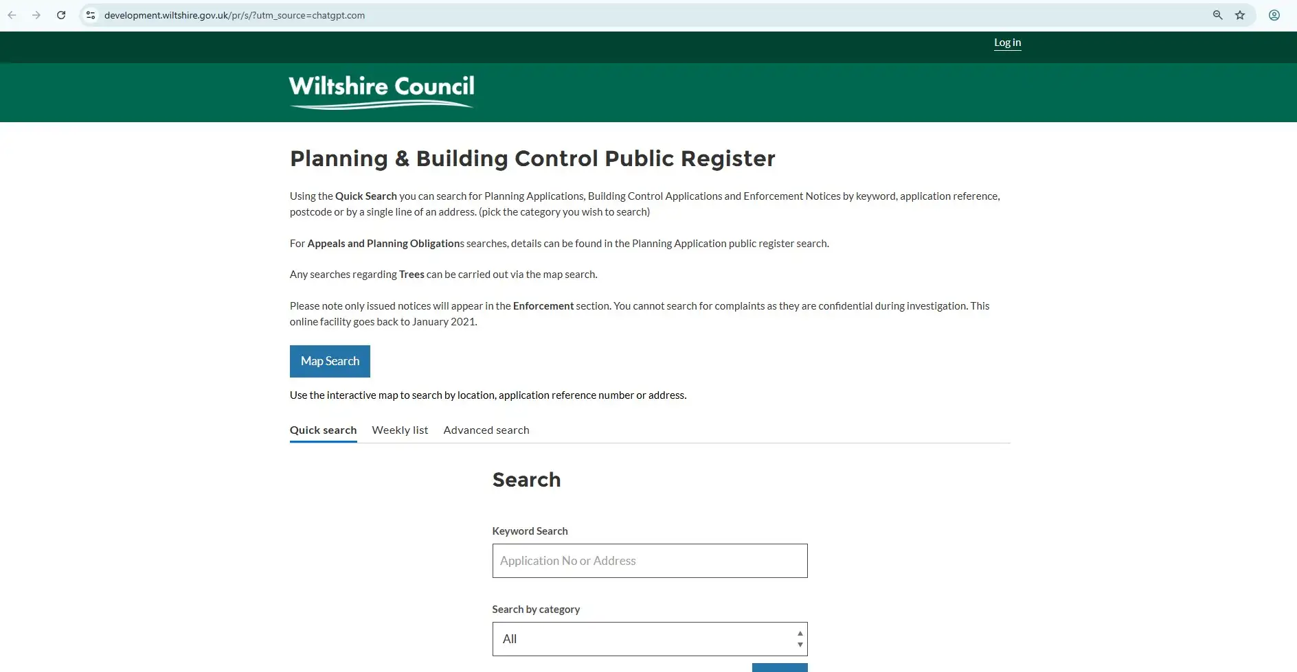 Wiltshire Council Planning Applications public register search page