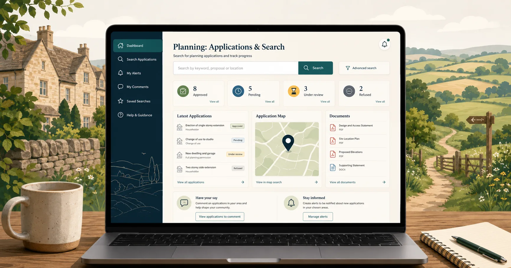 Cotswold District Council planning search page for applications, documents, comments and decisions